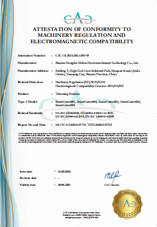 CE Attestation of Conformity CAC-M.2026.206.C00349 for the SC-002 dental aligner cutting machine